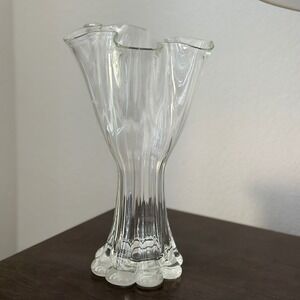 Handmade Clear Glass‎ Vase Mid Century Italian Murano Look Ruffled Top